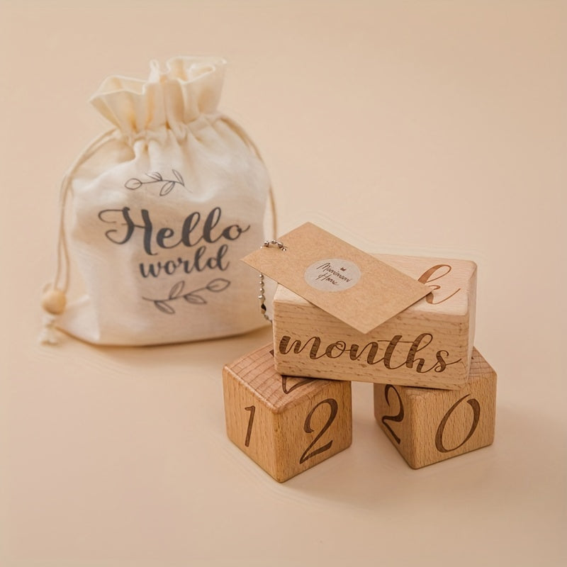 Wooden Milestone Blocks Set - Perfect for Full Moon Photo Props, Celebrating Growth Milestones, Preserving Birth Month Memories. The set includes light brown wood blocks and a cute "Hello World" drawstring bag.