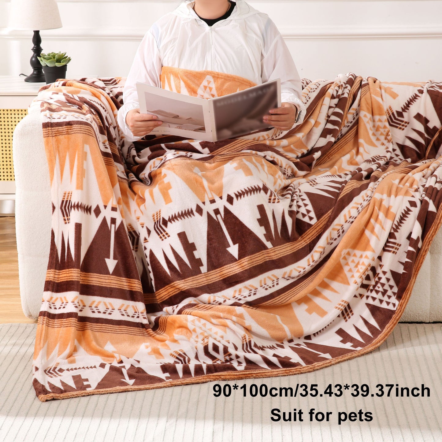 Southwest Native American Flannel Polyester Throw with Double-Sided Aztec Geometry Pattern Travel Couch Bed Blanket that is Plush, Soft, Lightweight, and Suitable for All Seasons