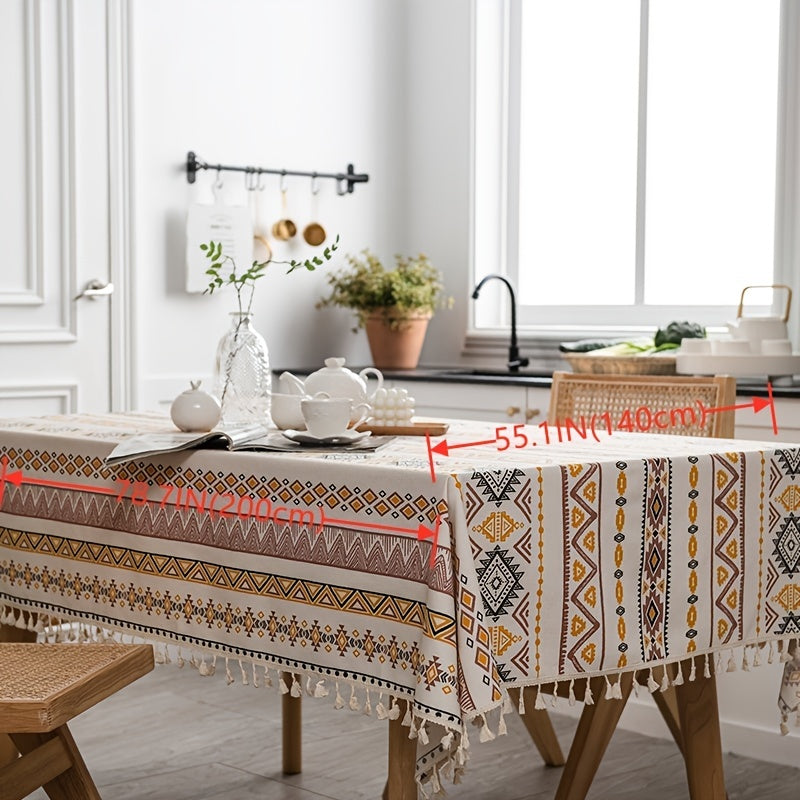 Boho style rectangular tablecloth with tassels - waterproof and oil proof for home decor.