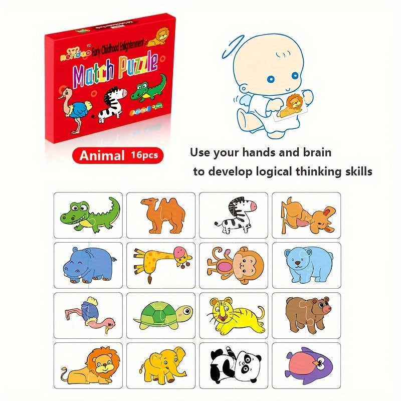 32pcs Animal and fruit themed match puzzle flash cards for children aged 3-8, promoting cognitive skills development. Ideal for winter and Ramadan Mubarak.