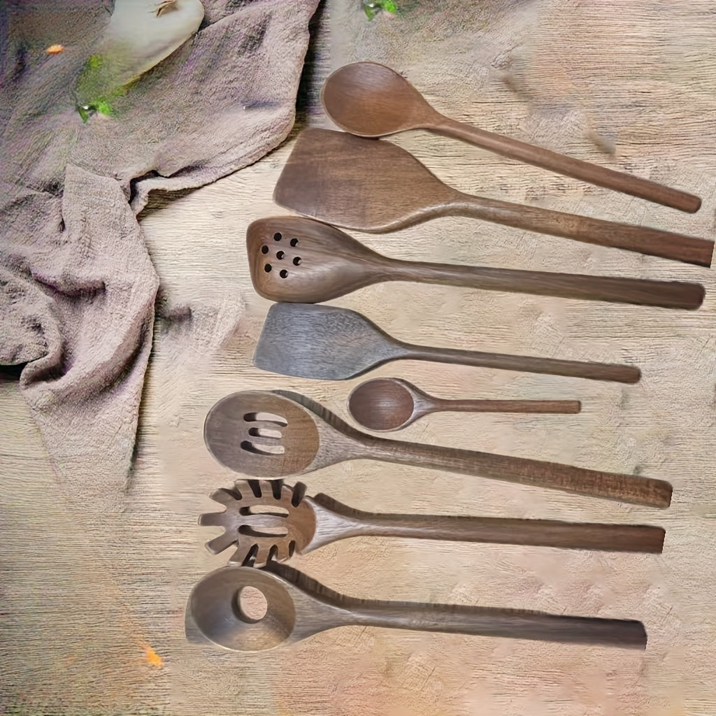 Set of 8 Acacia Wood Kitchen Utensils - Includes Non-Stick, Heat-Resistant Cooking Tools such as Spatula, Ladle, Rice Paddle, Stirring Spoon, and Salad Spoon