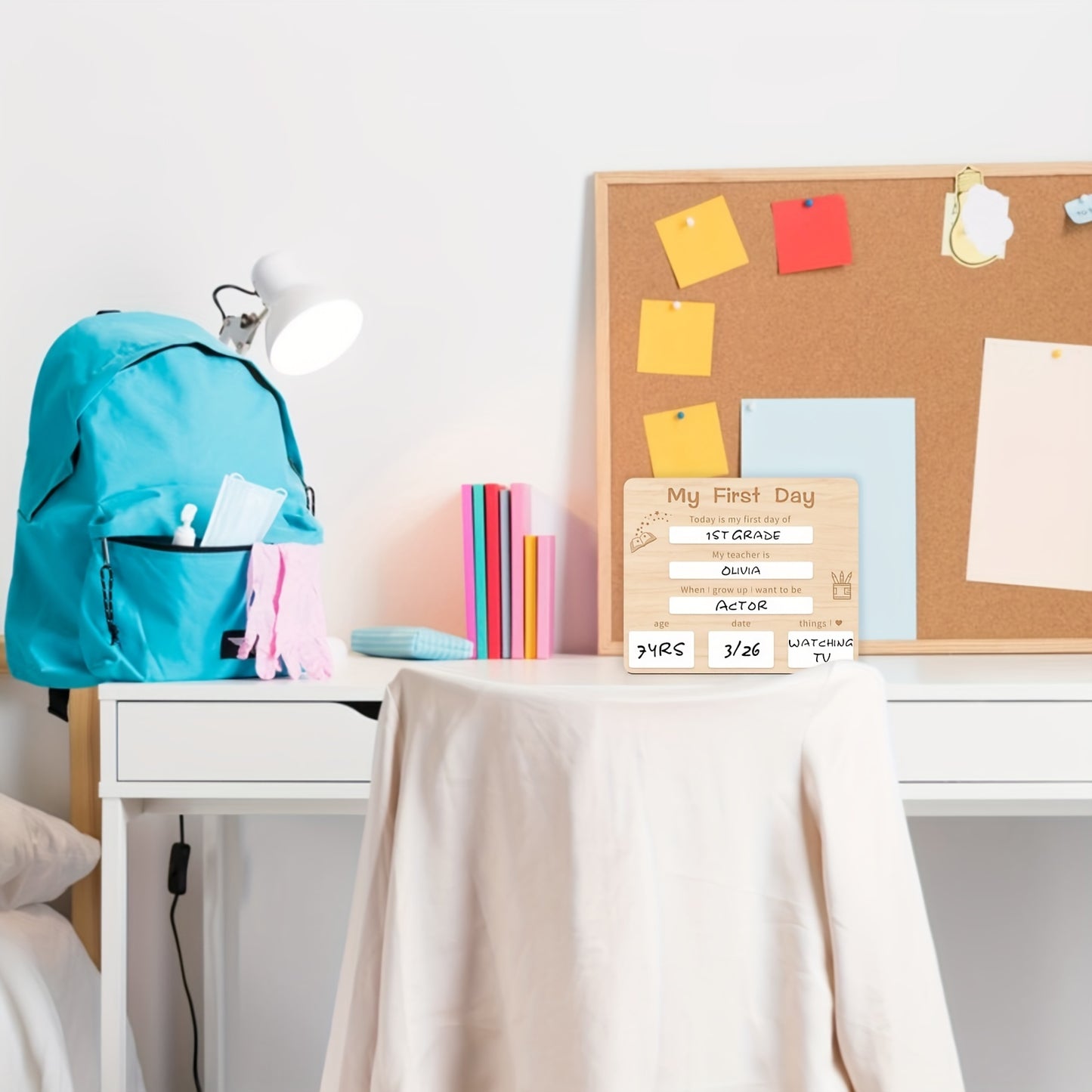 Wooden milestone board for back-to-school memories, reusable photo prop in white for boys and girls.