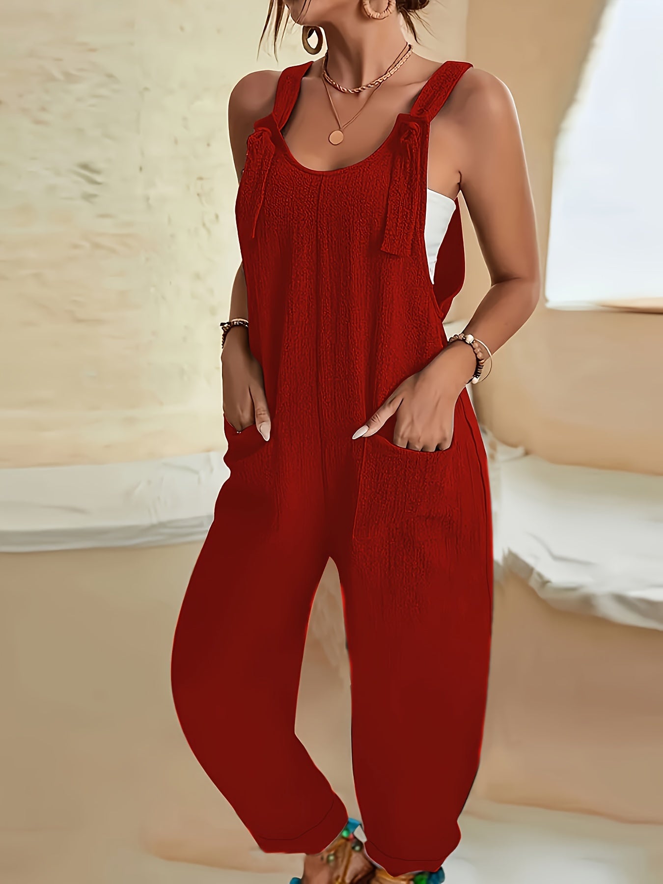 Textured Knot Detail Jumpsuit with Pockets, Women's lounge sleepwear