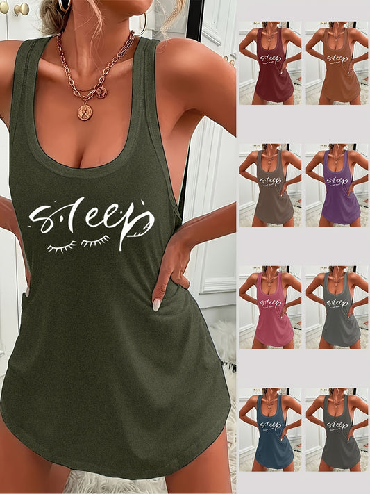 Women's casual sleep tank dress with "Sleep" print, made of lightweight polyester knit fabric for all-season comfort.