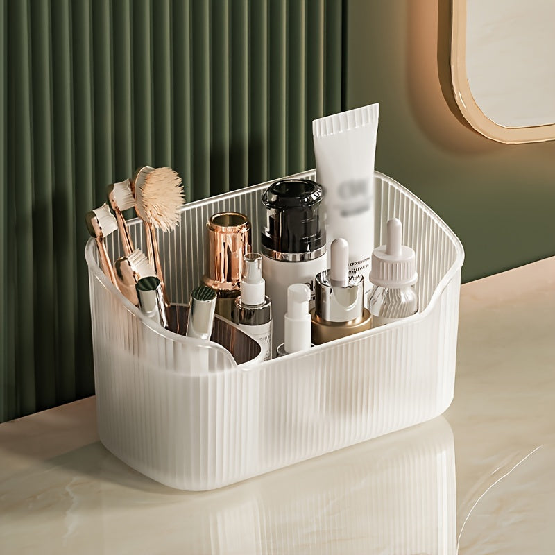 2-piece transparent plastic bathroom organizer set for skincare, makeup, and perfume storage on countertops.