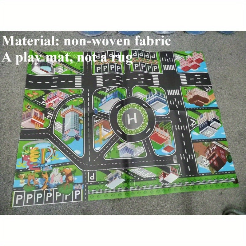 Large city traffic play mat for kids made of waterproof non-woven fabric with colorful road signs and vehicles. An educational and fun green transportation game for modern room decor.