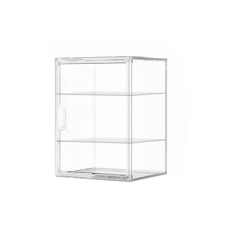 Transparent acrylic display cabinet with dust-proof stacking locker, perfect for home and office. Capacity under 3.2 cubic feet, assembly required.