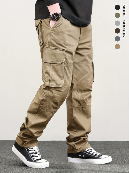 Men's classic solid color cargo pants with multiple pockets, loose fit, and drawstring waist. Perfect for outdoor activities, fishing, and streetwear.