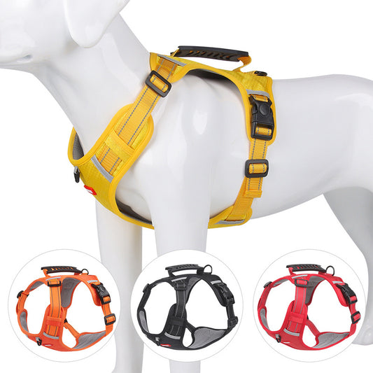 Adjustable no-pull pet harness with easy control handle for dogs and cats, prevents choking and pulling, comfortable and secure fit for large breeds.