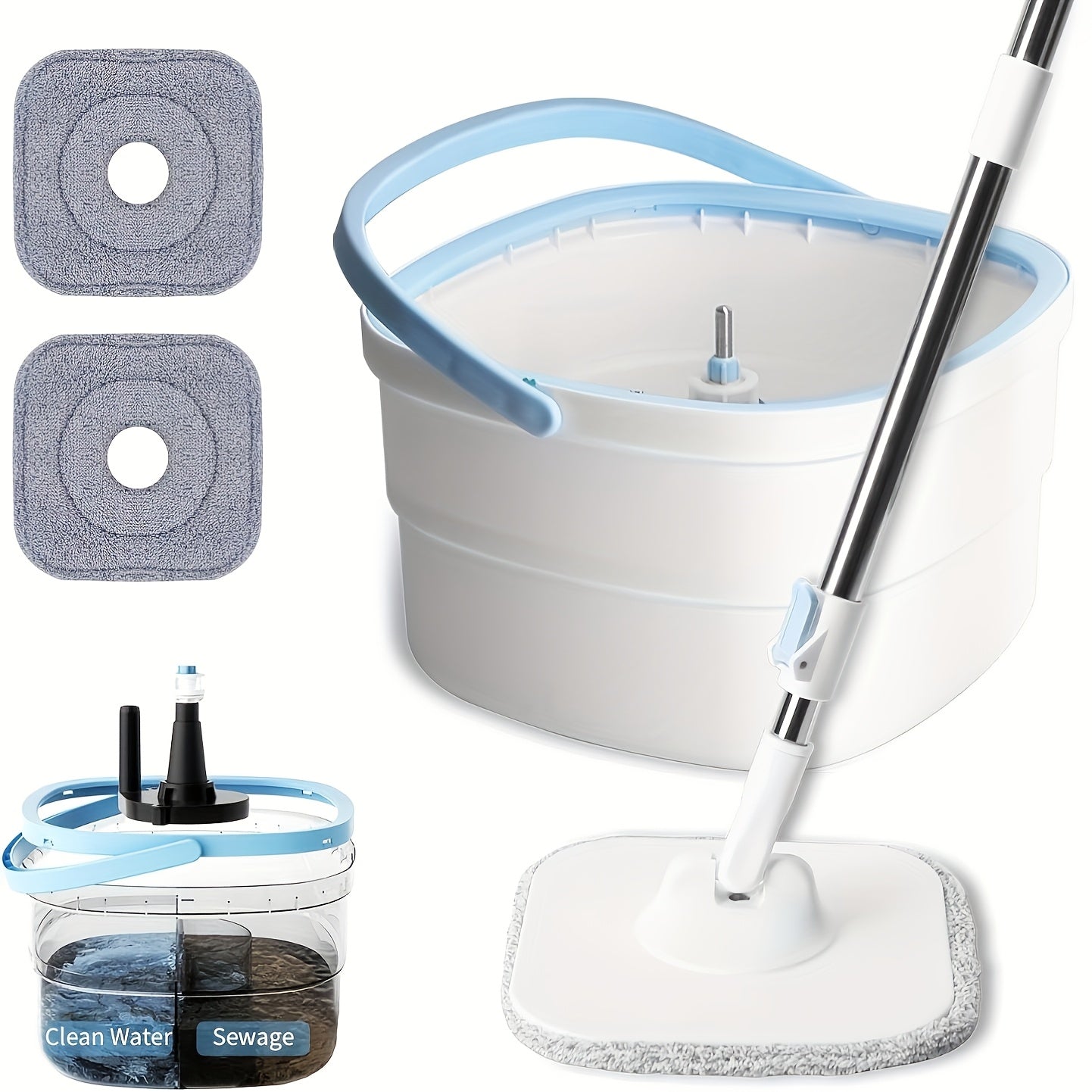 Lazy Mop Set: Includes Square Household Mop with Bucket and 2 Mops, No Hand Washing Needed, Separate Buckets for Clean and Dirty Water