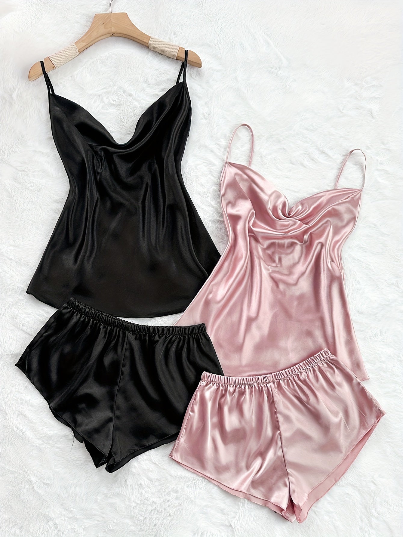 2 Sets Women's Sexy Solid Satin Pajama Set, featuring a turtleneck backless cami top and shorts for comfortable summer nightwear.