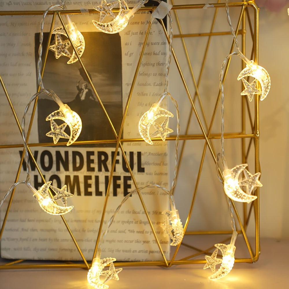 LED string lights with classic star and moon design, battery operated for indoor decor, ideal for bedrooms, walls, Ramadan, Eid, weddings, and parties.