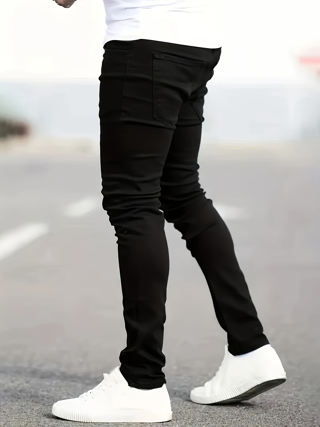 Men's Stretch Skinny Ripped Jeans in Classic Black, Machine Washable, Ideal for All Seasons