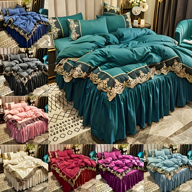 Lace bedding set in various colors with quilt cover and matching pillowcase. Available in two or three piece set.