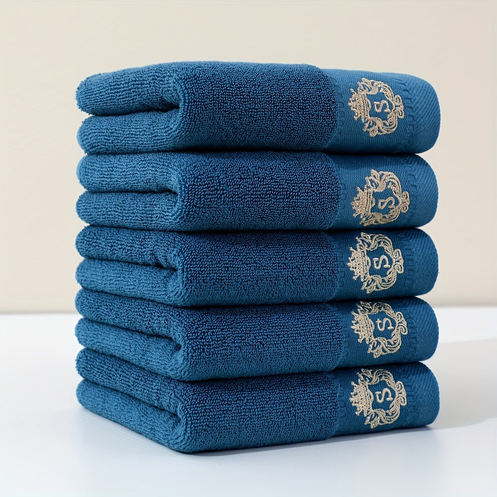 5pc Ultra Soft Cotton Velvet Hand Towels - 34.04x73.66cm, High-Quality & Cooling Comfort for Bathroom, Gym, Travel | Monogram Design in Navy Blue, Light Gray, White, Dark Gray, Light Brown | Multi-Color Options, Bathroom Essentials | Monogrammed Cotton