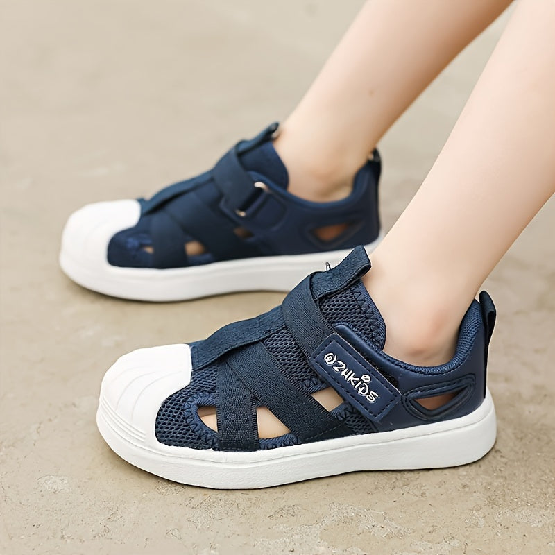 Breathable mesh shoes in blue and white for kids with adjustable strap, non-slip sole, and comfort insole for casual wear and outdoor activities.