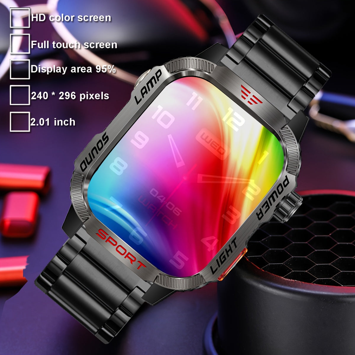 Durable outdoor smartwatch for iPhone & Android, with wireless call capabilities, LED flashlight, fitness tracking, waterproof design, and long-lasting battery.