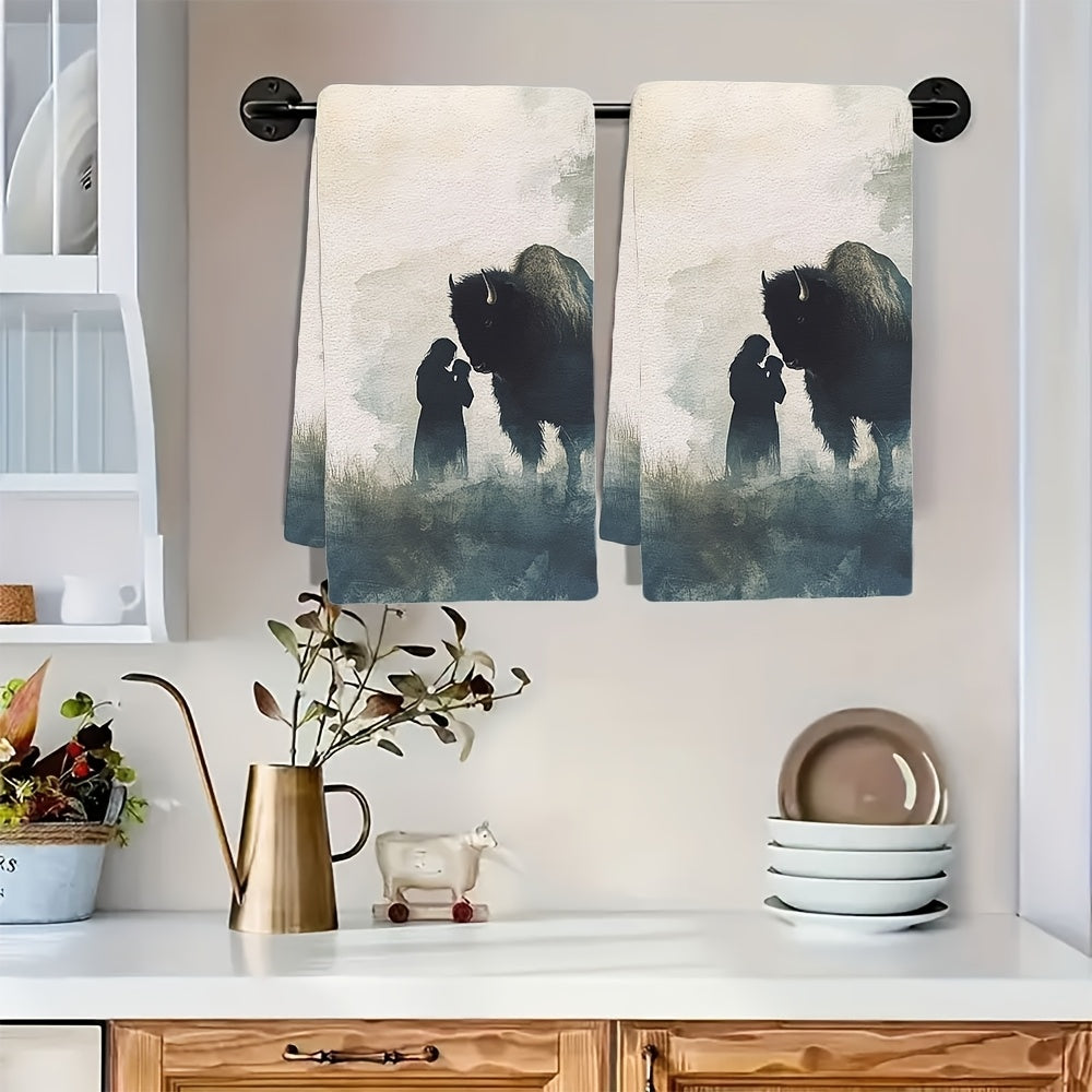 Set of 2 Ultra Soft Kitchen Towels featuring a Watercolor Bison and Human Silhouette Design. Made with highly absorbent polyester, these dish hand towels are machine washable and measure 40.64x60.96 cm. Perfect for adding a touch of holiday decor to your