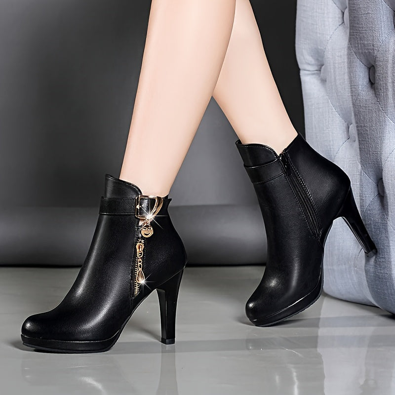 Stylish women's ankle boots with pointed toe, high heel, side zipper.