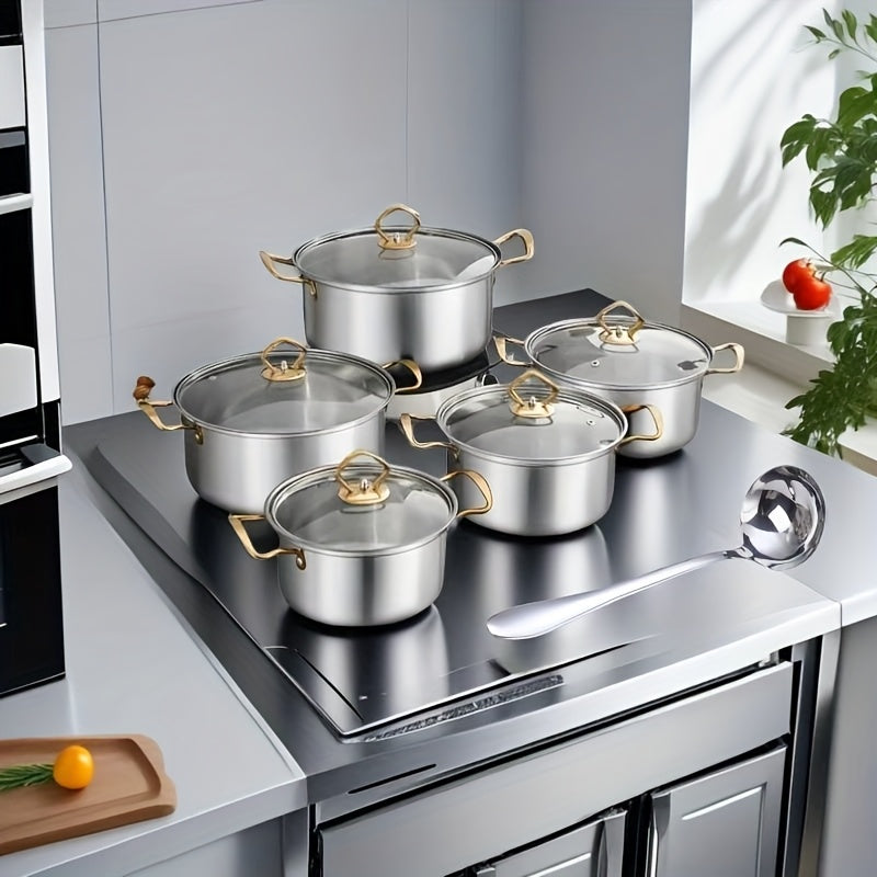 Durable Stainless Steel Soup Pot Set with Golden Soup Spoon Included. Makes a Great Household Gift Set for Cooking in the Kitchen, Perfect for Making Soups and Milk.