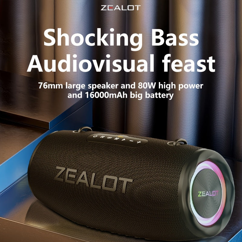 2024 Zealot 80W Outdoor Portable Subwoofer Speaker with Shoulder Belt, HiFi Sound, Dual Pairing, 16000mAh Battery, 24-Hour Playtime, Charging Cable. Compatible with Mobile Devices. Ideal