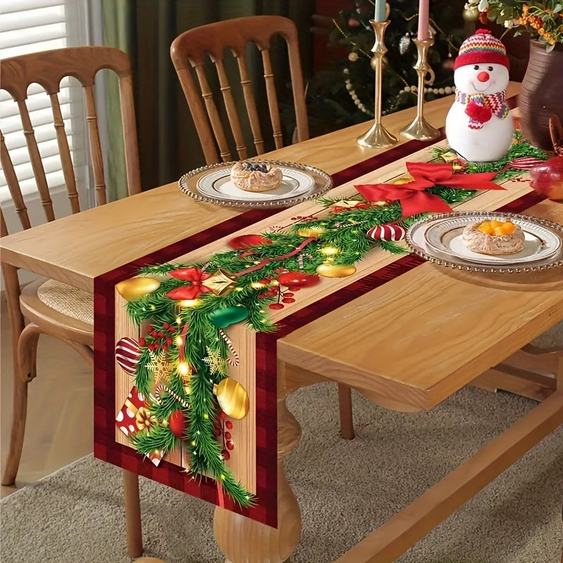 1pc Linen Table Runner featuring a Merry Christmas Ball Buffalo Plaid Pattern, perfect for adding a festive touch to your home decor or as a holiday gift.