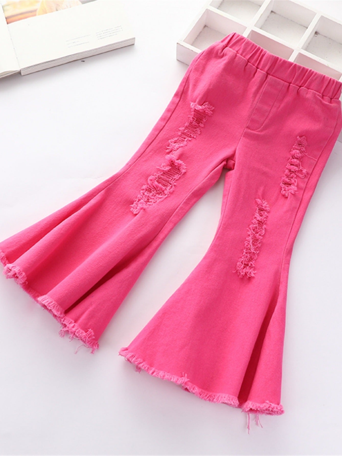 Rose Red Stretch Ripped Flare Jeans for Baby Girls