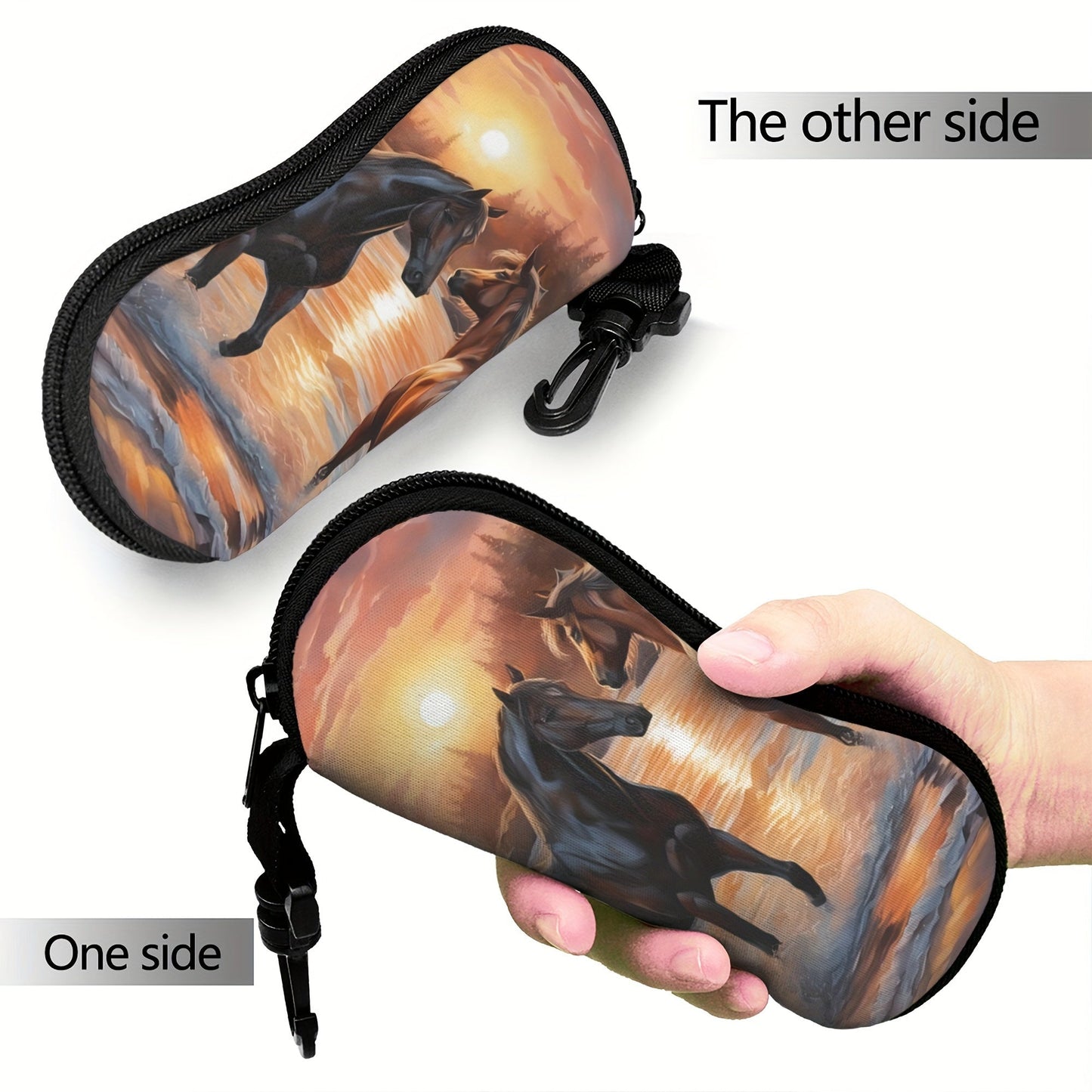 Trendy Horse Patterned Glasses Case - Stylish and Convenient Neoprene Eyewear Pouch with Zipper and Belt Clip for Women