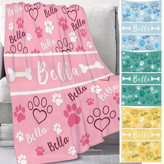 Personalized Dog Paw Print Flannel Blanket - Soft & Cozy for Couch, Bed, Travel, Camping, Living Room, Office - Easy Care, Versatile All-Season Comfort