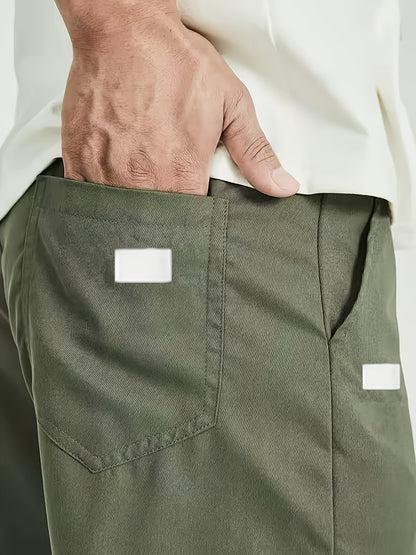 Men's Beige Cargo Pants with Multiple Pockets - Machine washable, comfortable loose fit, ideal for outdoor activities, made of durable polyester fabric.