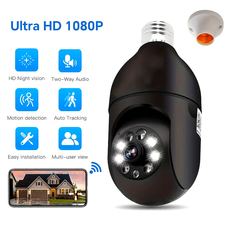 The E27 Bulb Camera features 2.4GHz WiFi connectivity, high definition video quality, automatic tracking, black and white night vision, and bidirectional audio capabilities.