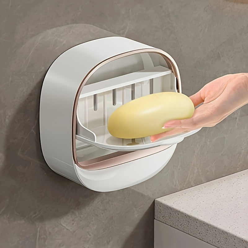 Modern Wall-Mounted Soap Dish with Drain Cover, Made of Plastic. Odor-free and Non-Electric Bathroom Soap Storage Container, perfect for keeping your Shower Accessories organized.