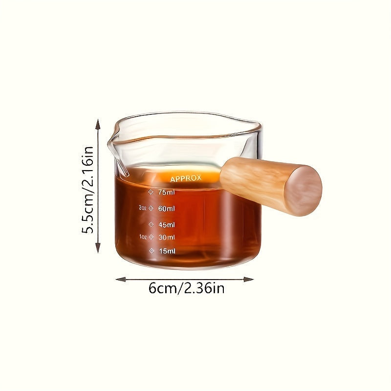 Premium Borosilicate Glass Coffee Cup with Wooden Handle - Dual Spout, Transparent Milk Jug with Measurement Marks for Use at Home or in Restaurants