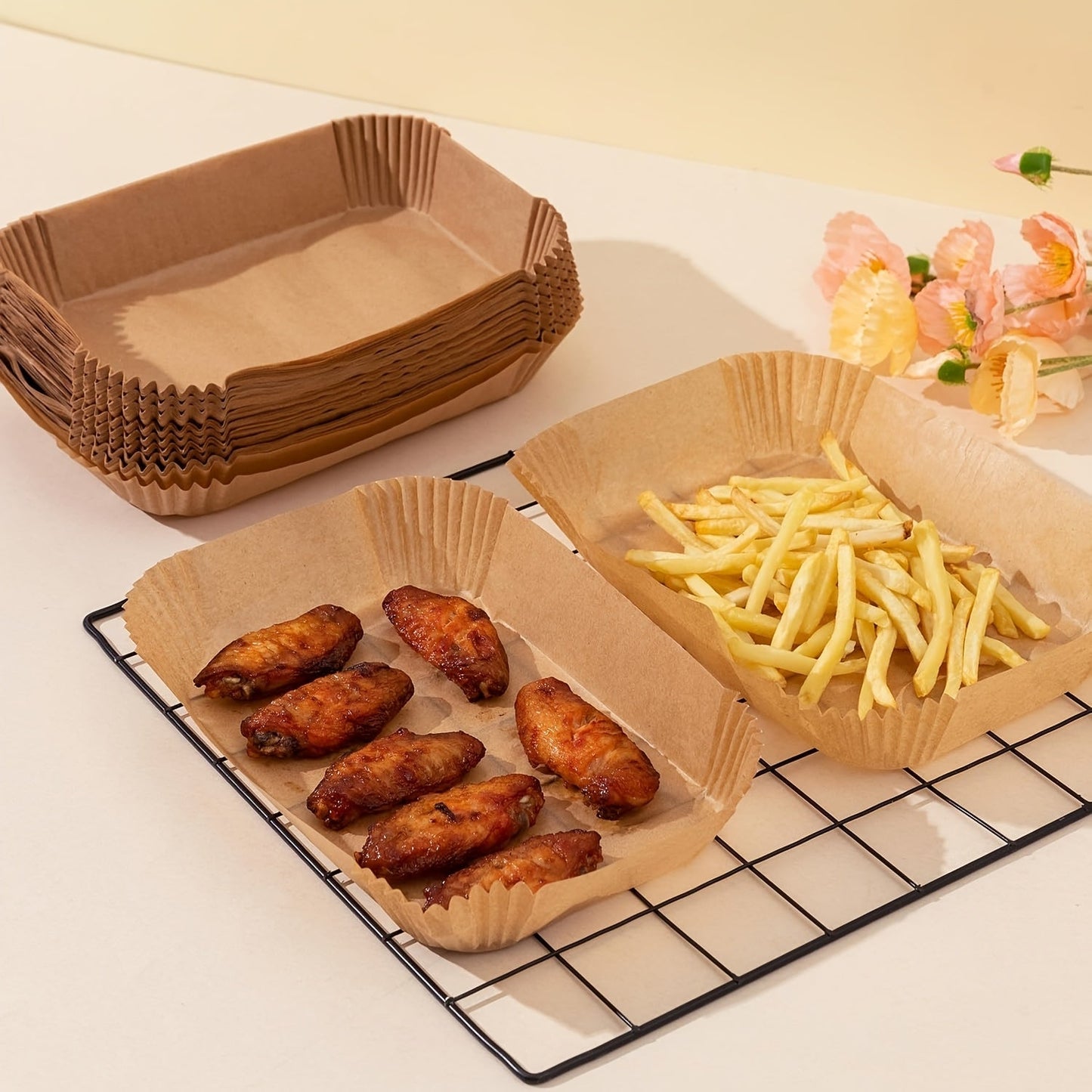 Large Rectangular Silicone Paper Air Fryer Liners - Available in 50pcs or 100pcs. Non-Stick, Easy to Clean, Space-Saving Design. Oven Safe and Disposable Paper Baskets for Baking, Cooking, and Serving Food. Ideal Kitchen Tool for Home Chefs.