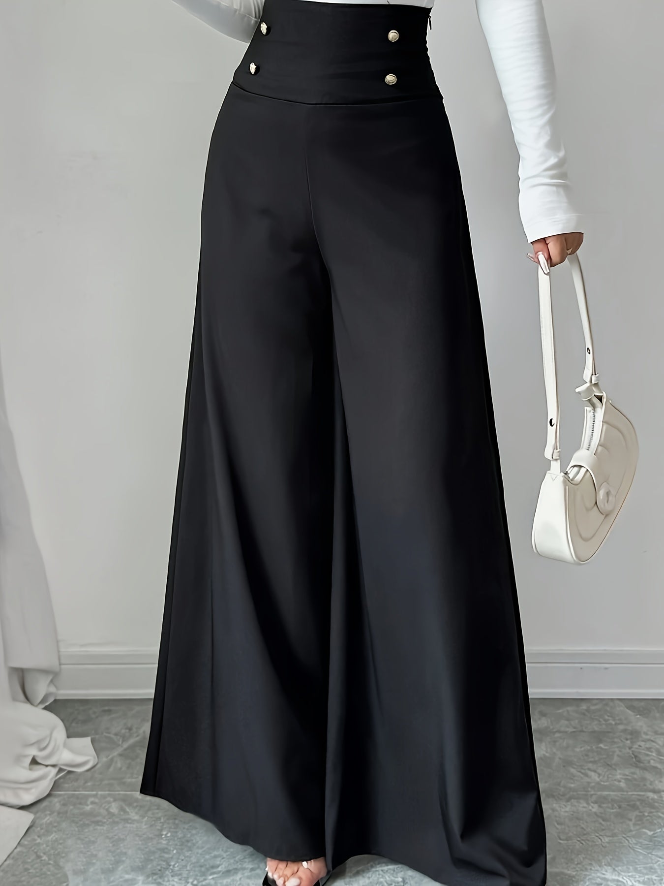 Black high-waisted wide leg pants with decorative buttons for spring & summer, machine washable & chic