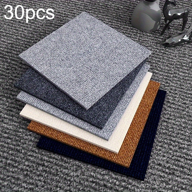 30-Pack self-adhesive carpet floor tiles in Shapes and Stripes style, with straight match pattern, easy peel and stick for office and balcony decor, 30.0x30.0 cm.