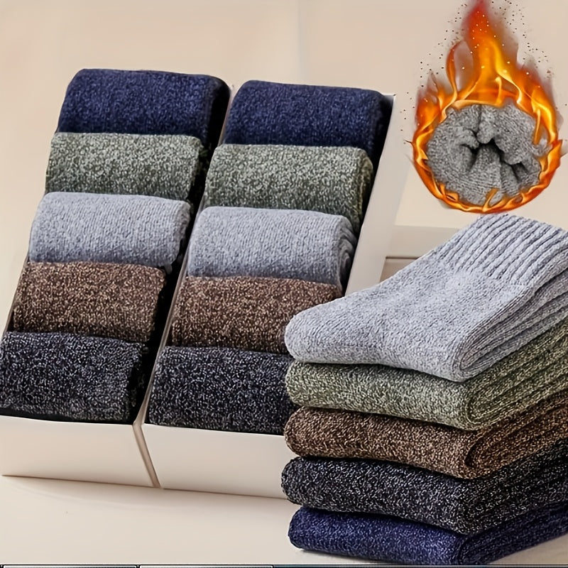 5 pairs of men's thick wool blend mid-calf winter socks in solid colors, soft and warm for casual or cold weather. Gift-ready packaging, quality fabric.