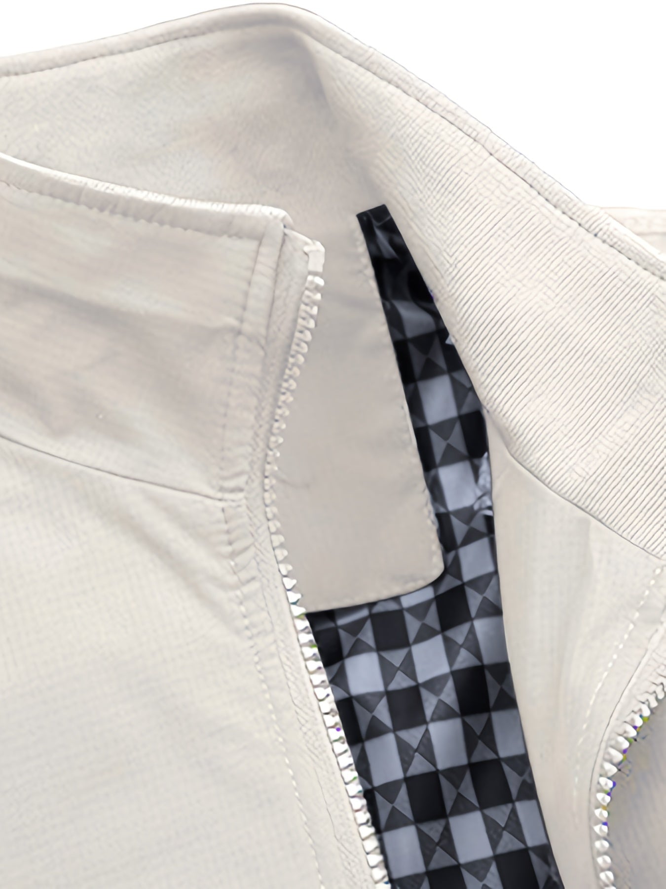 Men's Lightweight Windbreaker Jacket in Solid Gray with Checkered Detail Pocket - Casual Zip-Up with Stand Collar, made of Polyester - Ideal for Spring & Fall