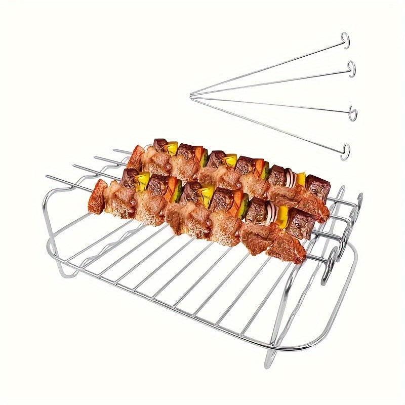 Durable Stainless Steel Air Fryer Rack with Four Skewers - Multi-purpose BBQ Grill Accessory for Indoor and Outdoor Use, Ideal for Cooking in the Kitchen or Dining Area, Essential Barbecue Tools and Accessories