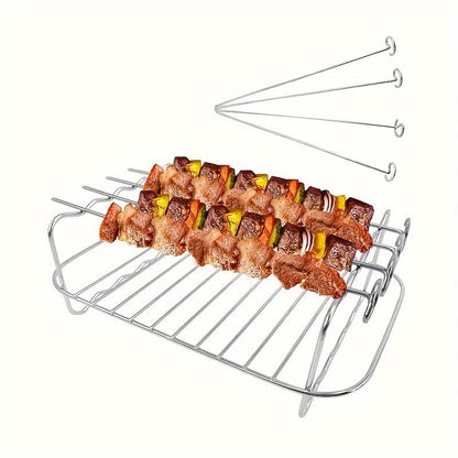 Durable Stainless Steel Air Fryer Rack with Four Skewers - Multi-purpose BBQ Grill Accessory for Indoor and Outdoor Use, Ideal for Cooking in the Kitchen or Dining Area, Essential Barbecue Tools and Accessories