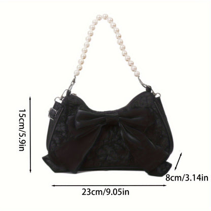 White pleated retro bow bag with pearl handle, new trend fashion pearl underarm shoulder messenger bag.