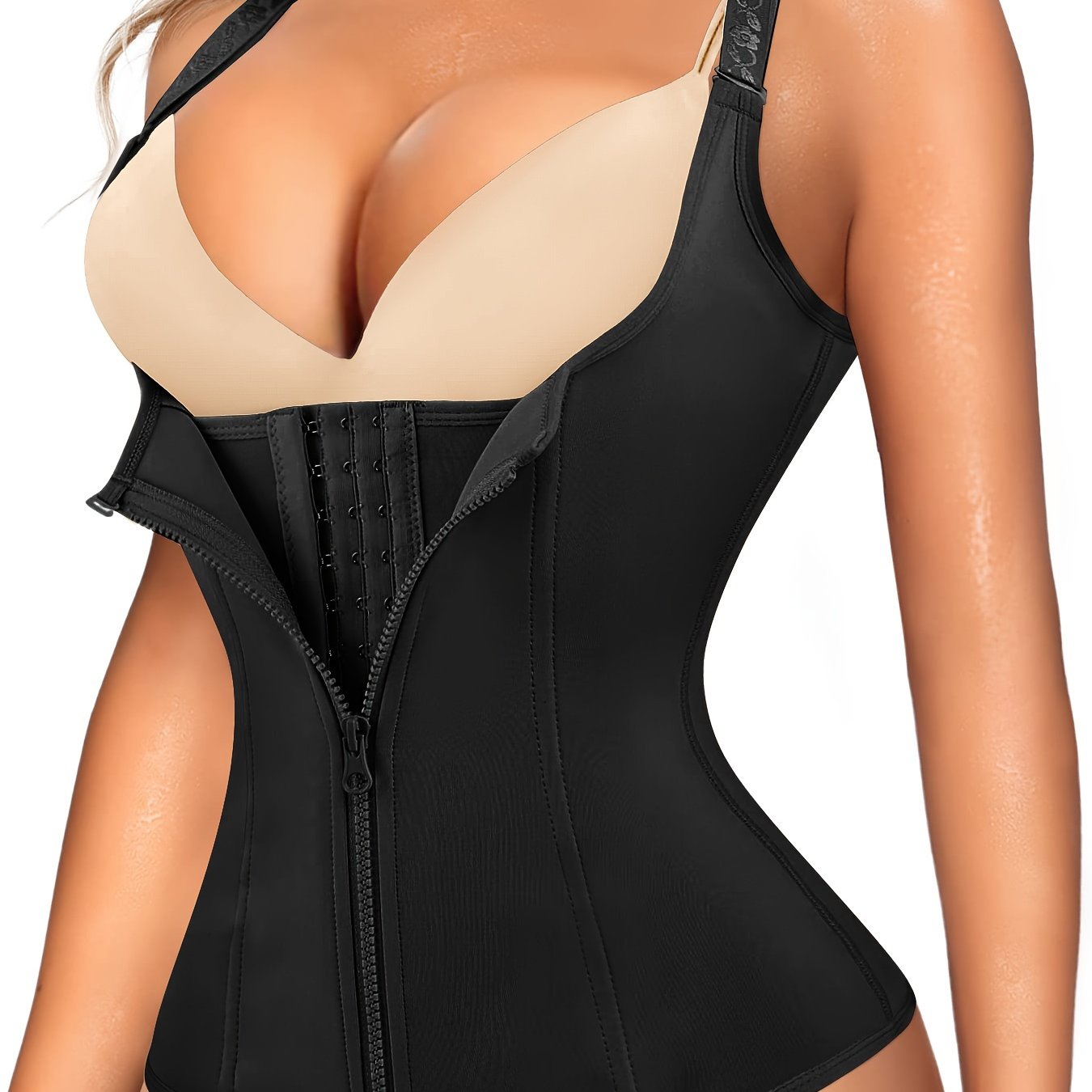 Enhance your curves and define your waistline with Junlan Women's Black Zipper Shaping Cami Top. This waist trainer features tummy control and open bust design for a slimming effect. Made