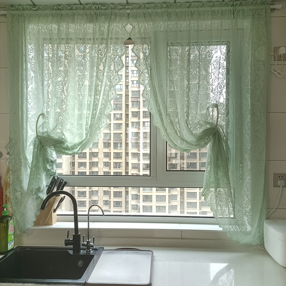 Small flower yarn rod pocket curtain adorned with beads and lace, suitable for kitchens, bedrooms, study rooms, cafes, and living room home decor