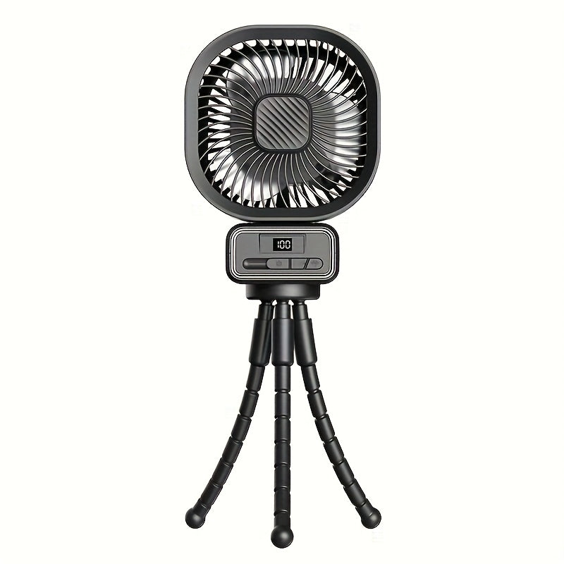 Stay cool with the YAIAWISU Portable Desktop Fan featuring a tripod stand for easy placement, USB rechargeable 5000mAh battery, 3-speed settings, LED display and lighting, and a compact design. Perfect for use indoors or outdoors during the summer