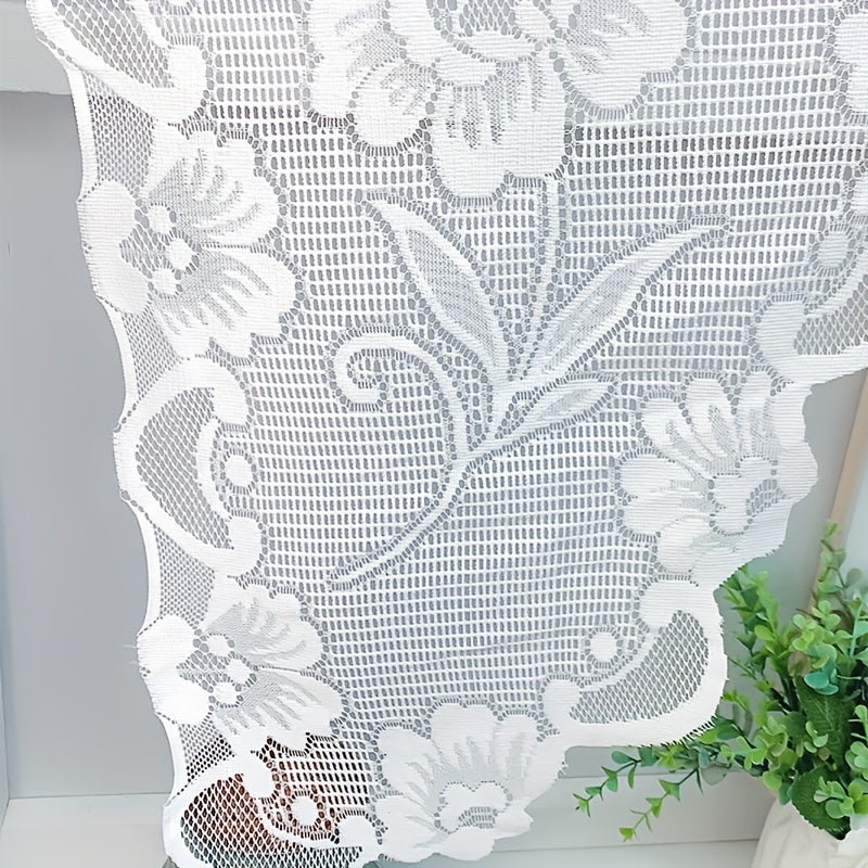 Elegant white lace flower print curtain, suitable for bedroom, living room, kitchen, and study. This rod pocket window treatment is perfect for home decor.