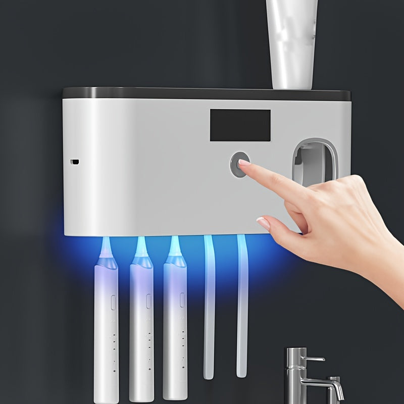 UV Toothbrush with wall-mounted holder that kills 99% of bacteria. No drilling required, includes automatic toothpaste dispenser and can be charged using solar or DC5V.