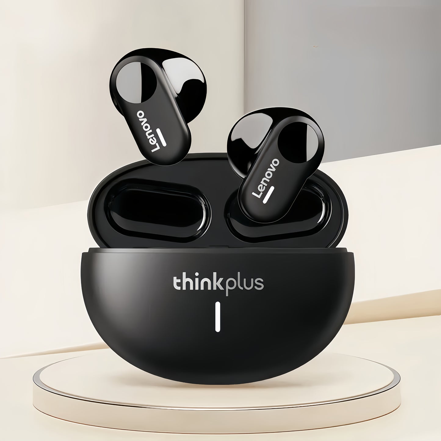 Lenovo ThinkPlus LP19 Premium Wireless Earbuds - Immersive Sound, USB-C Rechargeable, sleek black design with compact and ergonomic fit.