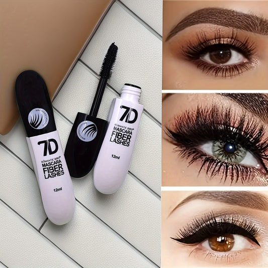 7D Fiber Lash Mascara in black and white tube design is waterproof, volumizing, lengthening, sweat-proof, long-lasting curl, and anti-smudge, suitable for all skin types.