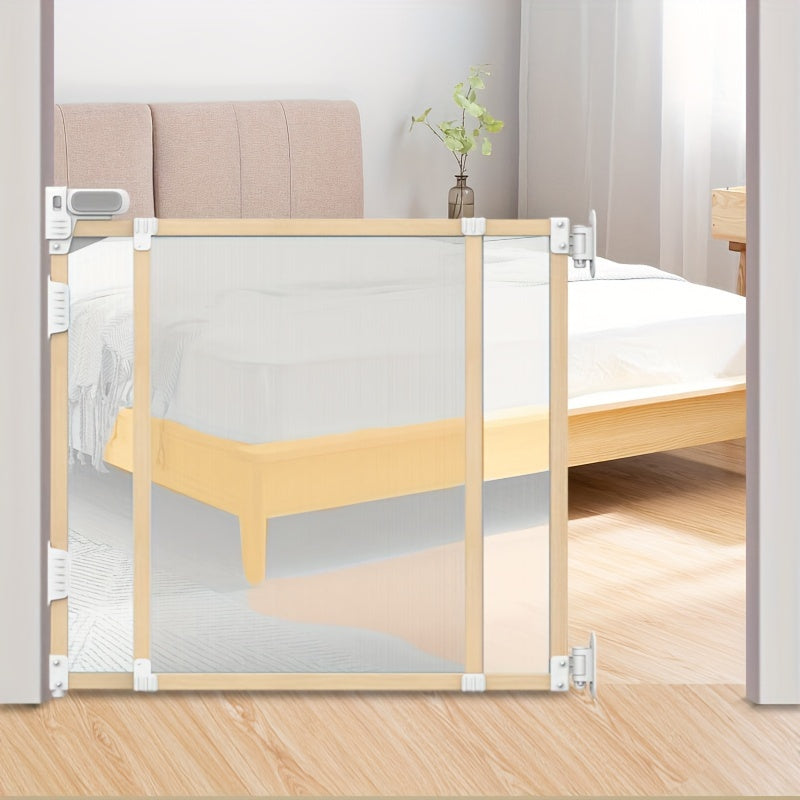 The TWO DADS Baby Gate is an expandable safety barrier for indoor use, suitable for staircases, doorways, and hallways. This puppy gate requires no assembly and can be easily installed with adhesive. It features a plastic hinge material and a sturdy