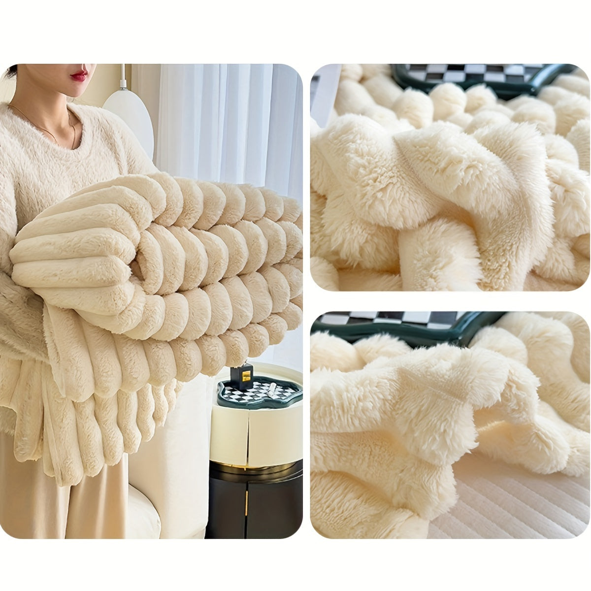 Luxury double-sided faux rabbit fur throw blanket, soft and cozy for naps, office, camping, and sofa use. Machine washable and durable. Small size (70*100cm), buy with caution.